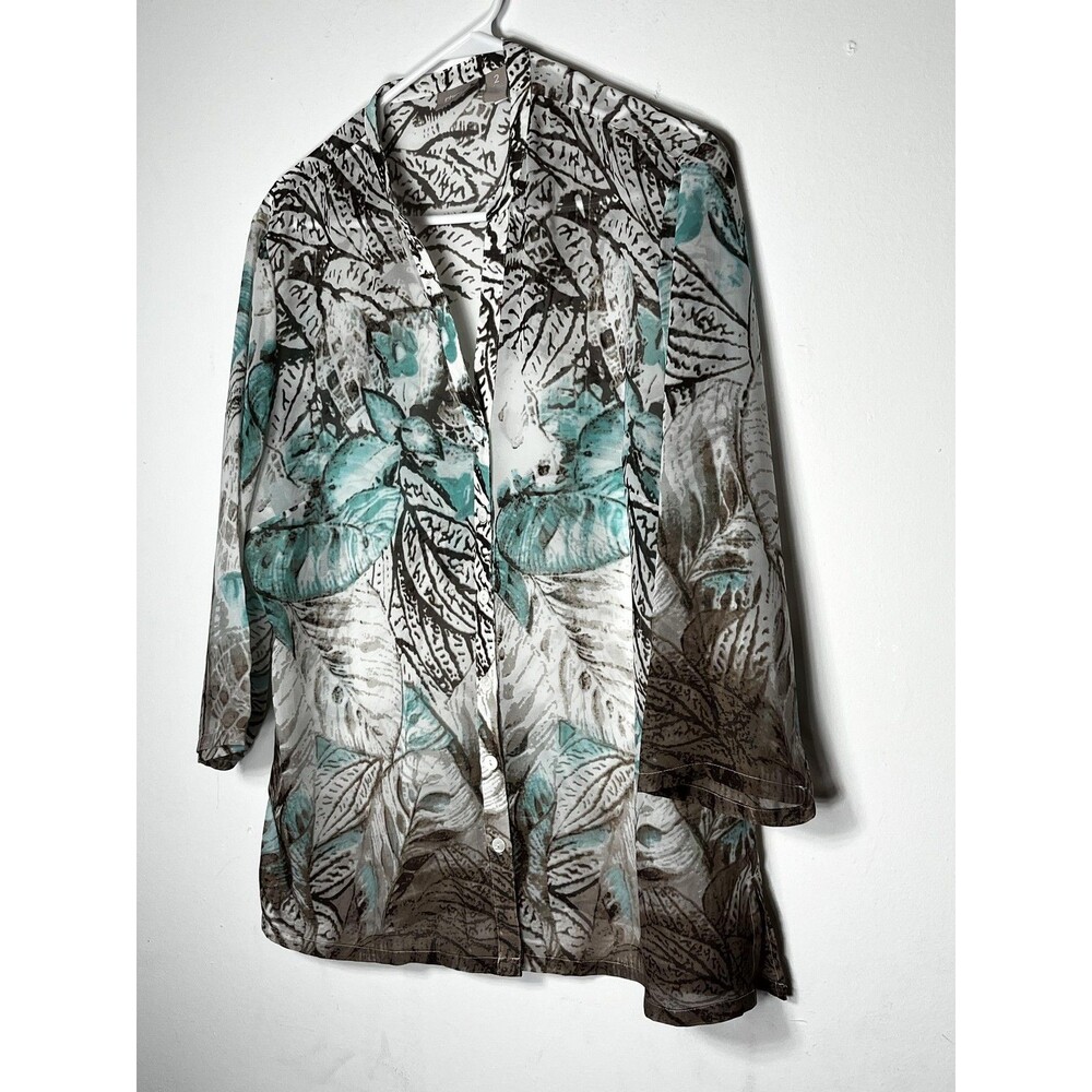 Chico's Blouse Womens 2 L Multicolor Floral V Neck Sheer 3/4 Sleeve Tunic Top